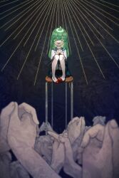  1girl @_@ abstract_background aged_down ahoge alternate_costume blue_sailor_collar blue_skirt chair commentary_request dated_commentary diffraction_spikes disembodied_hand full_body green_eyes green_hair highres interlocked_fingers kochiya_sanae long_hair looking_at_viewer open_mouth own_hands_together praying sailor_collar school_chair school_uniform serafuku shee_take shirt skirt smile solo tearing_up touhou white_shirt 