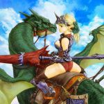  ass blonde_hair boots cervus dragon dragon_rider elbow_gloves elf fantasy flying gloves green_eyes horn lance leotard long_hair original pointy_ears polearm ponytail riding_reins saddle scabbard sheath shield sky solo sword thigh_boots thighhighs weapon 
