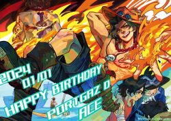  3boys back_tattoo bead_necklace beads black_boots black_hair black_shorts boots dated eriochromatic fire freckles happy_birthday hat jewelry looking_at_viewer male_focus mastectomy_scar monkey_d._luffy multiple_boys necklace one_piece open_mouth orange_hat portgas_d._ace pyrokinesis red_shirt sabo_(one_piece) scar scar_on_chest shirt shorts solo_focus surgical_scar tattoo topless_male 