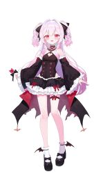  1girl absurdres amau_amu_(vtuber) bare_shoulders black_dress black_shoes black_sleeves blush breasts candy commentary_request commission covered_navel detached_sleeves dress enokinoko1010 facing_viewer food frilled_dress frilled_sleeves frills full_body highres holding holding_candy holding_food legs long_hair looking_at_viewer multicolored_dress multicolored_sleeves open_mouth pink_hair razz_production red_eyes shoes simple_background small_breasts socks solo standing thighs two-tone_dress two-tone_sleeves virtual_youtuber white_background white_dress white_sleeves white_socks wide_sleeves 