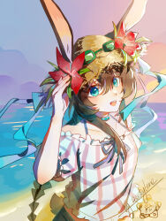  1girl :d absurdres amiya_(arknights) amiya_(summer)_(arknights) animal_ears aqua_eyes arknights beach blue_ribbon blush brown_hair c2h2 commentary day ears_through_headwear flower hair_between_eyes hat hat_flower highres long_hair looking_at_viewer official_alternate_costume open_mouth outdoors pink_shirt red_flower ribbon shirt signature smile solo straw_hat upper_body watermark white_shirt yellow_hat 