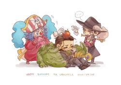  +++ ... 3boys ascot black_coat black_hat black_pants blue_eyes blue_hair buggy_the_clown cigar clown_nose coat crocodile crocodile_(one_piece) crocodilian cross cross_necklace crossed_arms disembodied_hand dracule_mihawk eriochromatic facial_hair full_body gloves grid_teeth happy_birthday hat highres hook_hand jewelry male_focus multiple_boys mustache necklace one_piece pants pink_ascot pirate_hat sideburns sitting smoking spoken_ellipsis stitched_face stitches tomato white_gloves yellow_eyes 