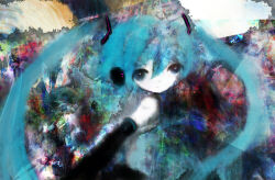  1girl abstract_background black_sleeves blue_eyes blue_hair closed_mouth detached_sleeves expressionless hatsune_miku highres hilty long_hair looking_at_viewer looking_to_the_side solo twintails upper_body vocaloid 