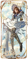  1girl absurdres alternate_costume artist_name bandaged_arm bandages beamed_eighth_notes blue_sky border braid brown_hair character_name clouds commentary coppelia_(reverse:1999) dress eighth_note english_commentary frilled_dress frills full_body gold_border green_eyes hand_up highres kittyqueentengu leg_up low_twin_braids mechanical_arms mechanical_legs musical_note musical_staff official_alternate_costume prosthesis prosthetic_arm quarter_note reverse:1999 short_dress short_sleeves single_mechanical_arm sky solo standing standing_on_one_leg twin_braids white_border white_dress 