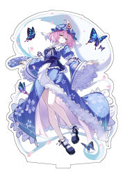  1girl absurdres black_ribbon black_shoes blue_butterfly blue_hat blue_kimono breasts bug butterfly censored censored_identity commentary_request falling_petals frilled_kimono frills full_body hat highres japanese_clothes kimono long_sleeves mary_janes mob_cap neck_ribbon petals pink_eyes pink_hair pink_petals ribbon saigyouji_yuyuko shoes simple_background sleeve_garter small_breasts socks solo touhou triangular_headpiece white_background white_socks wide_sleeves yamanakaume 