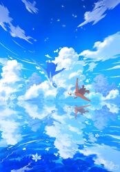  blue_sky claws clouds commentary_request dragon flying highres latias latios natu_a0z0ra no_humans ocean outdoors pokemon pokemon_(creature) pokemon_focus red_eyes reflection reflective_liquid sky water wings yellow_eyes 