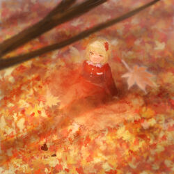  1girl aki_shizuha autumn_leaves blonde_hair branch buttons closed_mouth commentary_request falling_leaves full_body hair_ornament highres leaf leaf_hair_ornament leaf_pile long_skirt long_sleeves looking_at_viewer orange_eyes orange_skirt outdoors red_shirt shee_take shirt short_hair sitting skirt smile solo touhou 
