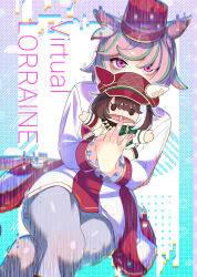  1girl animal_ears aqua_hair blush breasts brown_hair doushi_tatsu_to_dekkai_no dress ear_covers ears_through_headwear hair_between_eyes hand_puppet hat highres horse_ears horse_girl horse_tail long_sleeves looking_at_viewer marche_lorraine's_puppet marche_lorraine_(racing)_(umamusume) marche_lorraine_(umamusume) mismatched_ear_covers multicolored_hair pantyhose pink_eyes pink_hair puppet role_reversal short_hair tail umamusume white_dress white_pantyhose 