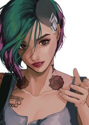  1girl asymmetrical_hair brown_eyes chest_tattoo collarbone collarbone_tattoo commentary cyberpunk cyberpunk_(series) cyberpunk_2077 cyberpunke077 flower_tattoo green_hair grey_overalls hair_between_eyes judy_alvarez looking_at_viewer multicolored_hair multiple_tattoos neck_tattoo overalls parted_lips short_hair shoulder_tattoo sidecut simple_background solo tattoo teeth two-tone_hair undercut upper_body white_background 