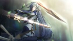  1girl black_hair blue_eyes blurry blurry_background chinese_clothes chinese_commentary closed_mouth commentary_request dress from_side fu_hua fu_hua_(taixuan_impression) highres honkai_(series) honkai_impact_3rd long_hair long_sleeves looking_at_viewer motion_blur official_art solo third-party_source very_long_hair white_dress 