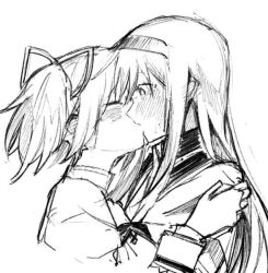  2girls akemi_homura akemi_homura_(magical_girl) blush closed_eyes commentary_request dress ear_blush greyscale hairband hisashimo_art juliet_sleeves kaname_madoka kiss long_hair long_sleeves mahou_shoujo_madoka_magica mahou_shoujo_madoka_magica_(anime) mitakihara_school_uniform monochrome multiple_girls puffy_sleeves school_uniform short_twintails twintails yuri 