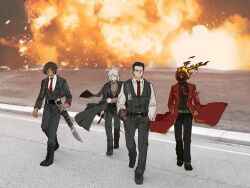  1boy 1other 2girls black_pants black_shirt black_vest clock coat collared_shirt commentary dante_(limbus_company) english_commentary explosion explosion_background faust_(project_moon) fire full_body hands_in_pockets highres limbus_company meursault_(project_moon) multiple_girls necktie netsu_1012 object_head outis_(project_moon) pants photo_background project_moon red_coat red_necktie shirt sword vest weapon 