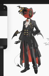  1other ascot black_coat black_horns black_pants black_vest butler clock coat commentary_request dante_(limbus_company) demon_wings fire full_body golden_bough_(project_moon) highres horns limbus_company low_wings nanahara191 object_head pants project_moon simple_background solo vest white_ascot white_background wings 