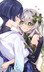  1boy 1girl aged_up alternate_hairstyle armlet armor bare_shoulders belt birthmark bishounen black_belt black_bodysuit black_bridal_gauntlets black_hair black_shorts blue_cape blue_sleeves blunt_ends blush bodysuit bridal_gauntlets bright_pupils cape closed_mouth commentary_request couple cross-shaped_pupils detached_sleeves dress eyelashes eyeliner fingernails furisode gem genshin_impact gold_armlet gold_ring gold_trim green_eyes green_gem green_hair green_sleeves hair_between_eyes hair_intakes hair_ornament hand_on_another's_shoulder happy heart heart_hair_ornament height_difference hetero highres hug interlocked_fingers japanese_armor japanese_clothes jewelry kimono kote kurokote layered_sleeves long_hair looking_at_another makeup middle_ring mitsudomoe_(shape) multicolored_hair nahida_(genshin_impact) one_side_up onigiri_po_0205 own_hands_together parted_lips pointy_ears purple_rope purple_sash red_eyeliner rope sash scaramouche_(genshin_impact) short_sleeves shorts side_cape smile streaked_hair sweatdrop symbol-shaped_pupils tareme tomoe_(symbol) tsurime turtleneck turtleneck_bodysuit violet_eyes wanderer_(genshin_impact) white_background white_dress white_hair white_kimono white_pupils white_sleeves 