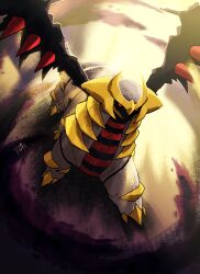  absurdres black_sclera colored_sclera dragon giratina giratina_(altered) highres looking_at_viewer no_humans pokemon pokemon_(creature) pokemon_focus r3dfive red_eyes solo spikes wings 