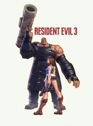  1boy 1girl black_skirt blue_tube_top boots brown_boots commentary copyright_name english_commentary grey_background gun handgun highres holding holding_gun holding_rocket_launcher holding_weapon jill_valentine leather miniskirt nemesis_(resident_evil) one-eyed resident_evil resident_evil_3:_nemesis rocket_launcher simple_background skirt strapless tube_top vitaliy_shushko weapon 