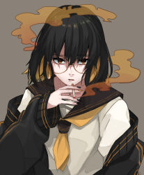 1girl absurdres between_fingers black_hair black_jacket black_nails black_sailor_collar blonde_hair cigarette colored_inner_hair colored_smoke commentary earrings freckles glasses grey_background highres holding holding_cigarette jacket jewelry kogeta_kaori long_sleeves looking_at_viewer medium_hair multicolored_hair multicolored_nails neckerchief open_clothes open_jacket orange_eyes orange_nails original red_nails sailor_collar shirt simple_background smoke smoke_trail solo untranslatable_commentary upper_body violet_eyes white_shirt yellow-framed_eyewear yellow_neckerchief 