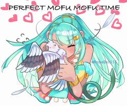  1girl applebell555 artist_name bird blush bracelet closed_eyes dress english_text eshmel_(pale_raven)_(fire_emblem) esmeralda_sinza fire_emblem fire_emblem:_fortune's_weave green_hair hair_ornament hairclip heart highres jewelry multicolored_dress multiple_hairclips necklace ponytail tan twitter_username white_bird 