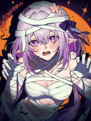  1girl bandages bow castorice_(honkai:_star_rail) cosplay dynamic_pose flower hair_bow hair_flower hair_ornament halloween halloween_costume honkai:_star_rail honkai_(series) mummy mummy_costume open_mouth pointy_ears posing purple_hair shy user_xfgs2824 violet_eyes 