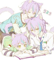  3boys :3 age_comparison aged_down animal_ears aqua_shirt aqua_streaks blue_necktie book breast_pocket brown_shorts cat_boy cat_ears cat_tail child closed_mouth commentary dated earrings extra_ears green_shirt hair_between_eyes highres jewelry kamishiro_rui kamishiro_rui_(middle_school) kemonomimi_mode looking_at_viewer lying male_focus multicolored_hair multiple_boys multiple_persona necktie on_stomach one_eye_closed one_side_up open_book open_mouth pocket project_sekai purple_hair qimomo1227 reading school_uniform shirt short_hair shorts streaked_hair stud_earrings tail time_paradox untranslatable_commentary vertical-striped_sleeves yellow_eyes 