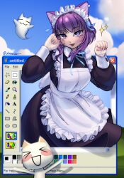  1girl absurdres animal_ear_piercing animal_ears apron black_dress bliss_(image) blue_eyes blue_ribbon blue_sky blush borrowed_character breasts cat_ears commentary cowboy_shot dress english_commentary eyelashes frilled_apron frills ghost grass hands_up highres ichi_(idamaria) juliet_sleeves kmnsaur long_sleeves looking_at_viewer maid maid_apron maid_headdress medium_breasts medium_hair microsoft_paint_(software) neck_ribbon open_mouth original paw_pose puffy_sleeves purple_hair ribbon sky solo sparkle twitter_username white_headdress window_(computing) 