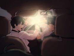  1girl 2boys anger_vein biyoo_(omniscient_reader's_viewpoint) black_hair car_interior character_charm charm_(object) driving glint hand_up highres kim_dokja looking_at_another multiple_boys omniscient_reader's_viewpoint pov rhaastyogurt short_hair squinting steering_wheel upper_body yoo_joonghyuk 