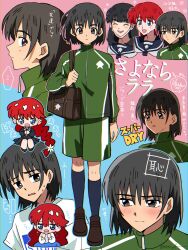  3girls absurdres bag black_eyes black_hair black_serafuku blue_background blue_eyes blush braid chibi chibi_inset commentary_request copyright_name crying flower full_body furrowed_brow hair_flower hair_ornament hair_tie highres jacket kneehighs lara_(sayonara_lara) long_hair long_sleeves maibara_himeka mask mouth_mask multiple_girls multiple_views neckerchief ootsu_mari pink_background portrait red_hair rrrisyf sailor_collar sayonara_lara school_bag school_uniform serafuku shirt shoes short_hair shorts simple_background single_braid skirt smile socks sweat t-shirt track_jacket track_suit two-tone_background upper_body white_neckerchief 