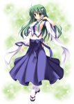 1girl blush breasts detached_sleeves exe_(xe) frog green_hair hair_ornament hair_tubes kochiya_sanae long_hair long_skirt midriff navel no_bra sandals skirt smile snake solo tabi touhou yellow_eyes