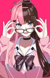  1girl :d absurdres adjusting_eyewear black-framed_eyewear black_choker blue_eyes bow bowtie breasts brown_bow brown_bowtie brown_hair cardigan choker collared_shirt commentary_request glasses hair_ornament hairclip hands_up highres kukro long_hair looking_over_eyewear medium_breasts multicolored_hair pink_background pink_cardigan pink_hair plaid_bow plaid_bowtie plaid_clothes school_uniform shirt simple_background smile solo split-color_hair tachibana_hinano tachibana_hinano_(school_uniform) two-tone_hair upper_body virtual_youtuber vspo! white_shirt 