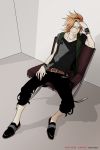  2010 belt bracelet chair character_name collarbone contemporary facial_mark green_eyes jewelry male necklace orange_hair sarutobi_sasuke sengoku_basara sitting solo spiked_bracelet spiked_hair spikes spiky_hair temari114 vest wristband 