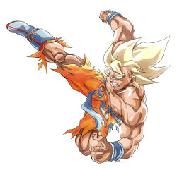  1boy belt biceps blonde_hair blue_belt blue_boots blue_eyes boots clenched_teeth colored_eyebrows commentary_request dragon_ball dragon_ball_z flying_kick from_side highres kicking kouji08250 muscular muscular_male nipples orange_dougi orange_pants pants simple_background solo son_goku spiky_hair super_saiyan super_saiyan_1 teeth torn_clothes torn_pants white_background wristband 
