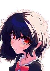  1girl backlighting black_hair black_shirt blush bow bowtie commentary_request expressionless fub_(fubimanji) highres houjuu_nue looking_at_viewer nue_day open_mouth parted_lips pointy_ears portrait red_bow red_bowtie red_eyes shirt short_hair simple_background solo touhou white_background 
