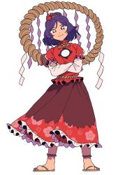  1girl brown_skirt commentary_request crossed_arms full_body hair_ornament highres layered_sleeves leaf leaf_hair_ornament long_sleeves looking_at_viewer maple_leaf mirror orange555_555 purple_hair red_shirt red_skirt rope shimenawa shirt short_over_long_sleeves short_sleeves simple_background skirt smile solo touhou two-tone_skirt violet_eyes white_background yasaka_kanako 