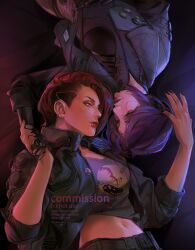  2girls absurdres asymmetrical_hair black_background black_jacket black_nails commission couple crop_top cyberpunk_(series) cyberpunk_2077 cyborg ear_piercing earrings face_piercing fingernails green_eyes highres holding jacket jewelry kawooru_yo lip_piercing lip_ring lying mechanical_arms midriff multiple_girls navel on_back open_clothes open_jacket parted_lips piercing red_hair red_lips simple_background skin_seams songbird_(cyberpunk) stomach underwear v_(cyberpunk) vgen_commission yuri 
