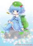  backpack bag blue_eyes blue_hair blush boots bow cattail chibi child cucumber dress hair_bobbles hair_ornament hat kawashiro_nitori key leaf maple_leaf plant rubber_boots short_hair sitting solo string tona_(nekotte) touhou 