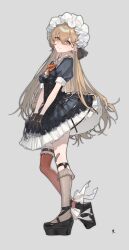  1girl abi_(kabe) absurdres apron asymmetrical_legwear bandaid black_dress black_gloves black_shoes blonde_hair breasts closed_mouth commentary_request dress frills from_side full_body girls_frontline gloves grey_background grey_socks head_tilt headwear_request highres long_hair looking_at_viewer maid_apron maid_headdress mismatched_legwear orange_eyes ppk_(girls'_frontline) red_thighhighs shoes simple_background small_breasts smile socks solo standing thigh-highs uneven_legwear 