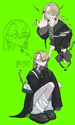  1girl absurdres black_nails black_robe black_skirt blonde_hair coat diagonal-striped_clothes diagonal-striped_necktie genderswap genderswap_(mtf) green_eyes green_necktie green_robe grey_background gyaru hair_over_one_eye harry_potter_(series) highres hogwarts_school_uniform jacket jewelry knees_to_chest legs_folded lilwiz_art long_hair looking_at_viewer loose_socks malfoid middle_finger multicolored_jacket necktie pleated_skirt robe school_uniform shirt simple_background skirt slytherin socks squatting striped_clothes striped_necktie two-sided_coat two-sided_fabric two-tone_jacket white_shirt wizarding_world 