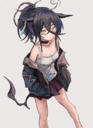  1girl ahoge animal_ears bare_shoulders black_choker black_hair black_jacket black_skirt breasts choker commentary_request ear_tag earrings hair_between_eyes hands_in_pockets horse_ears horse_girl horse_tail jacket jewelry long_bangs long_hair long_hair_between_eyes long_sleeves looking_at_viewer manhattan_cafe_(umamusume) multicolored_hair open_clothes open_jacket ponytail single_earring skirt small_breasts solo tail tank_top umamusume white_hair white_tank_top yanagi_wakana yellow_eyes 