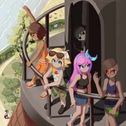  2girls 3boys absurdres aubrey_(faraway)_(omori) aubrey_(omori) basil_(faraway)_(omori) basil_(omori) black_hair blonde_hair blue_eyes brown_hair dark-skinned_female dark_skin elecmaw highres kel_(faraway)_(omori) kel_(omori) multiple_boys multiple_girls omori orange_eyes pink_hair red-framed_eyewear shoes sunny_(omori) 