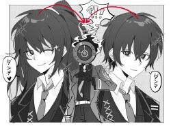 1other 2boys chinese_commentary clock collared_shirt commentary_request cowboy_shot dante_(limbus_company) fire greyscale half_updo highres hong_lu_(project_moon) limbus_company long_hair monochrome multiple_boys nanahara191 necktie object_head other_with_male parted_lips project_moon shirt smile sweat translated upper_body very_long_hair vest yi_sang_(project_moon) 