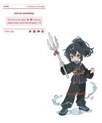  1girl animification black_dougi black_hair black_pants blue_eyes clenched_hands closed_mouth deformed english_text fan_request highres holding holding_polearm holding_weapon humanized_skin_color hydrokinesis long_hair mcjn_jazzy mole mole_under_eye ninjago no_sclera nya_(ninjago) pants polearm ponytail sidelocks smile social_network split_mouth the_lego_ninjago_movie trident water weapon 