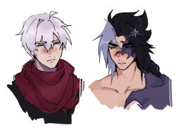  2boys black_hair black_sclera blue_hair braid character_request colored_sclera corruption curtained_hair highres kayn_(league) league_of_legends looking_to_the_side male_focus multicolored_hair multiple_boys parted_lips portrait red_eyes red_scarf rhaastyogurt scarf two-tone_hair white_hair yellow_eyes 