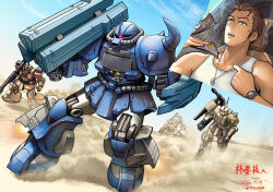  1boy bazooka_(gundam) brown_eyes brown_hair commentary_request commission commissioner_name cyclops desert dom_tropical_test_type full_body giant_bazooka gouf gundam highres mecha misogram mobile_suit mobile_suit_gundam one-eyed open_mouth robot shield short_hair shoulder_spikes sign signature soldier spikes standing sweat tank_top teeth upper_teeth_only white_tank_top zaku_cannon 