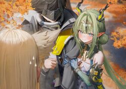  1boy 2girls absurdres animal_ears antenna_hair arknights arknights:_endfield bead_bracelet beads betanonbeet bird_ears bird_girl black_coat black_hair black_horns blonde_hair blue_eyes blue_hands blush bracelet breasts center_opening coat colored_extremities commentary detached_sleeves dragon_girl dragon_horns dragon_tail dress eastern_dragon_horns endministrator_(arknights) eye_mask green_hair hair_bun highres holding_another's_arm horns jewelry long_hair long_pointy_ears male_endministrator_(arknights) mask multicolored_hair multicolored_horns multiple_girls perlica_(arknights) pointy_ears shirt short_dress short_hair si_(arknights) sidelocks sleeveless sleeveless_dress small_breasts smile streaked_hair sweater tail turtleneck turtleneck_sweater white_dress white_shirt yellow_horns 