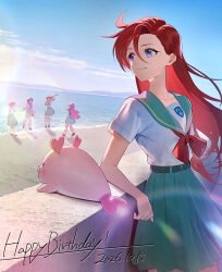  5girls aozora_middle_school_uniform beach closed_mouth commentary_request fairy_(precure) green_sailor_collar green_skirt hair_between_eyes high-waist_skirt highres ichinose_minori kururun_(precure) laura_la_mer long_hair multiple_girls natsuumi_manatsu neckerchief outdoors pleated_skirt precure red_hair red_neckerchief sailor_collar school_uniform seal_(animal) shirt shore skirt sky smile solo_focus suzumura_sango takizawa_asuka tropical-rouge!_precure violet_eyes white_shirt yuzu_sato 