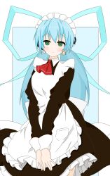  1girl absurdres alternate_costume apron ascot black_dress blue_background blue_hair blue_ribbon blush closed_mouth cowboy_shot dress enmaided frilled_apron frilled_dress frills green_eyes hair_ribbon headgear highres hoshino_yumemi juliet_sleeves long_hair long_ribbon long_sleeves low_twintails maid maid_apron maid_headdress planetarian puffy_sleeves red_ascot ribbon simple_background smile solo soluno3 split_mouth twintails two-tone_background v_arms very_long_hair white_apron white_background 