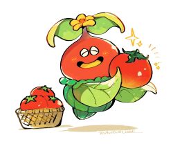  basket bite_bulb blush_stickers closed_eyes commentary_request dragon_quest dragon_quest_xi flower food fruit highres holding holding_food holding_fruit linne_(hld_doreko) open_mouth plant_monster shadow smile sparkle tomato white_background yellow_flower 