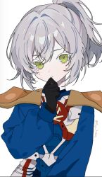  1girl android animification armor artist_name black_gloves closed_mouth colored_eyelashes colored_skin english_commentary gloves grey_hair grey_skin hand_on_own_chin hand_up highres mcjn_jazzy ninjago ninjago:_dragons_rising p.i.x.a.l._(ninjago) ponytail shoulder_armor solo split_mouth twitter_username upper_body white_background white_eyelashes 