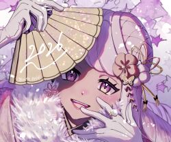  0393_piplup 1girl 2026 alternate_costume artist_name commentary_request dark-skinned_female dark_skin flower gloves hair_flower hair_ornament hand_fan highres holding holding_fan jacinthe_(pokemon) jacket jewelry long_hair open_mouth pokemon pokemon_legends:_z-a purple_hair ring solo teeth twitter_username upper_teeth_only violet_eyes 