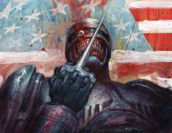  1boy american_flag armor blood blood_splatter breastplate clenched_teeth cyberpunk cyborg dagger exposed_muscle full_armor helmet holding holding_dagger holding_knife holding_weapon injury knife looking_at_viewer no_lips power_armor robocop robocop_(character) science_fiction shoulder_armor signature solo star_(symbol) teeth two-face visor_(armor) wayshak weapon 